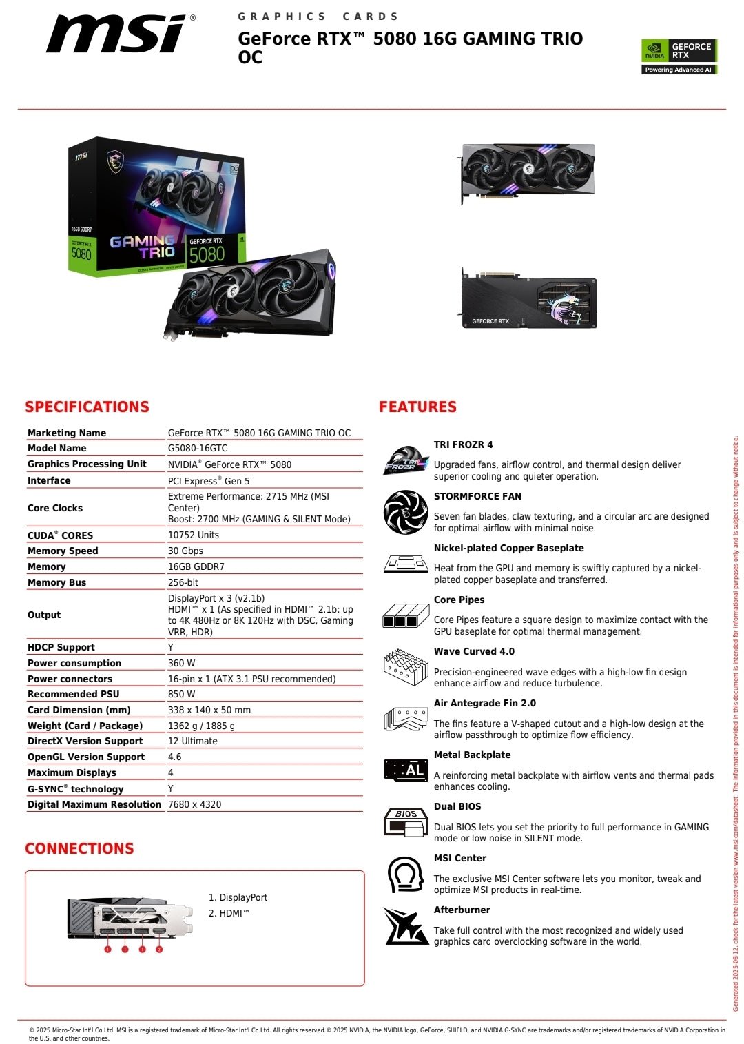 MSI Nvidia GeForce RTX 5080 Gaming trio Graphics Card - GrifTronics